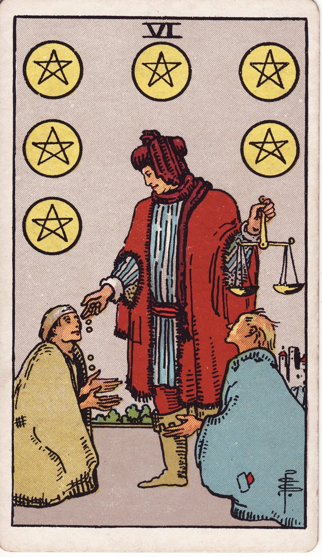 The Six of Pentacles card from the traditional Rider-Waite Colman-Smith tarot deck. It depicts a wealthy man with two beggars kneeling at his feet. He holds a scale in one hand and pours gold coins into one beggar's outstretched hand with the other.