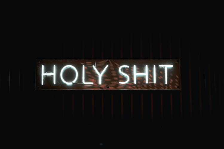 a white neon sign that says HOLY SHIT on a black background